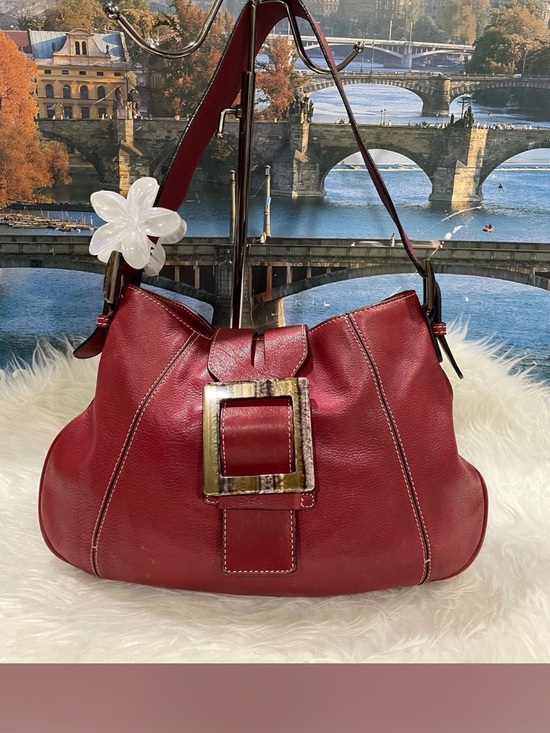 Adrienne Vittadini Handbags - Adrienne Vittadini Red Leather Shoulder Bag with Tortoiseshell Buckle